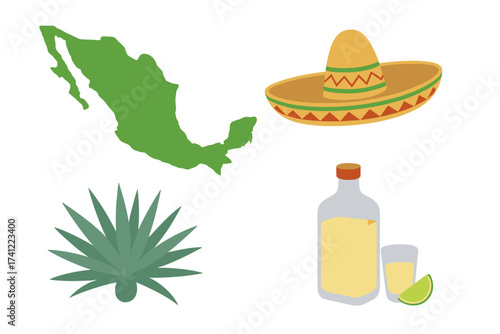 Vector illustration set of Mexican symbols. Mexico map, sombrero, blue agave plant, tequila bottle and shot glass. Travel and culture concept for graphic design element.