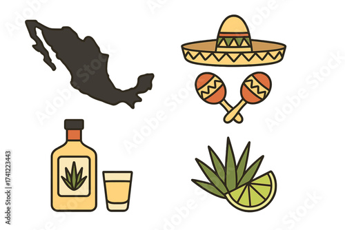 Mexican culture and travel icon set. Vector symbols of Mexico. Includes tequila bottle and shot, sombrero hat, maracas, agave plant, lime, and map. For fiesta, party.