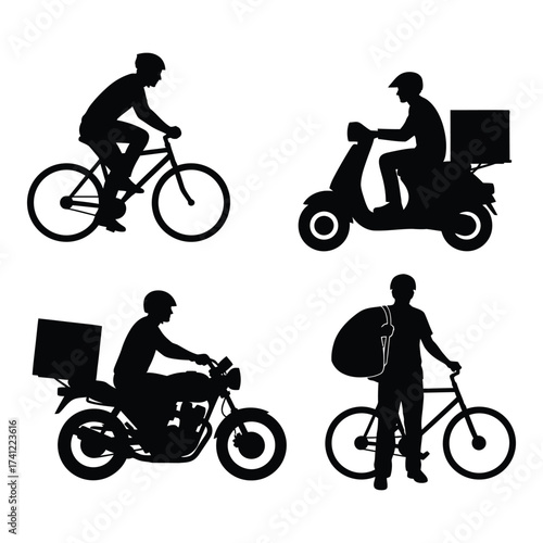 Delivery service silhouettes bicycle motorcycle scooter and moped riders transporting packages iconography silhouette
