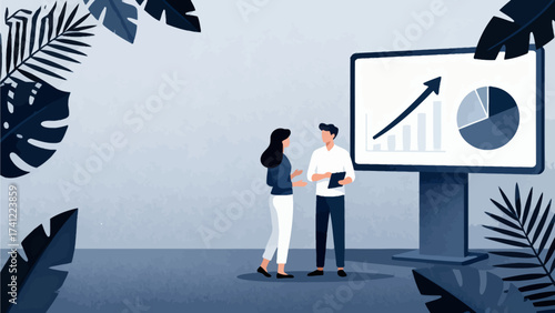 Two people discussing data charts on screen