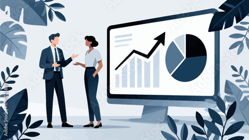 Business people discussing data charts on screen