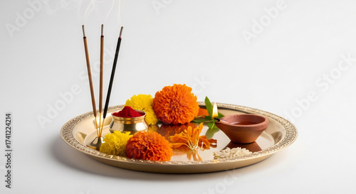 Deepavali Puja Thali with Aromatic Incense Sticks, Marigold Flowers, and Diya Lamp, Symbolizing Light, Good over Evil, and Prosperity