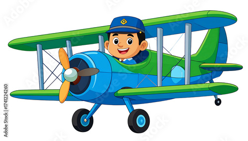 Cartoon pilot flying a blue and green biplane airplane.