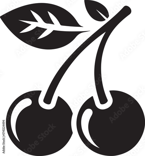 Simple black silhouette of two cherries with stems and leaves