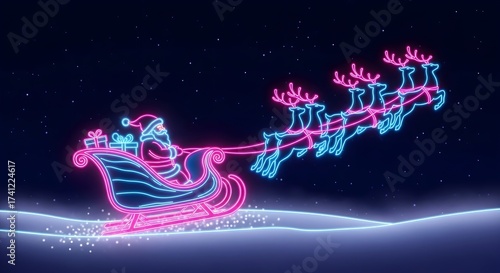 Vibrant neon Santa Claus with reindeer sleigh soaring through a starry night, bringing Christmas cheer and holiday magic for a festive celebration