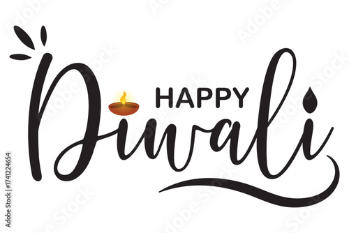A "Happy Diwali" calligraphic greeting text, a vector illustration with decorative diyas and fireworks for the Indian festival of lights.