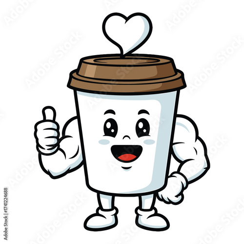 Cartoon coffee cup character giving thumbs up with heart shaped steam on white background