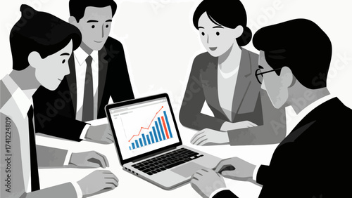 Business team reviewing data on laptop