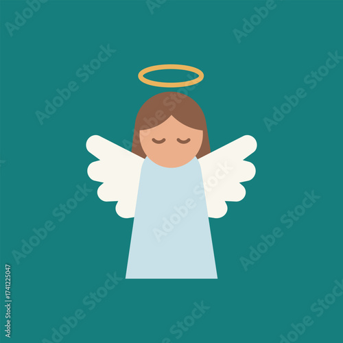 Minimal angel character icon. Simple angel with halo on teal tile, guardian, spirituality.