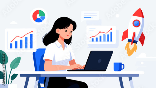 Woman working on laptop with charts and rocket