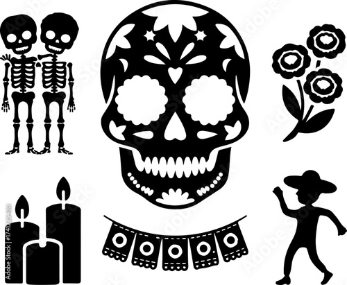 silhouette bundle of sugar skull, skeleton couple, marigold bunch, candle set, parade dancer, papel picado banner on white background