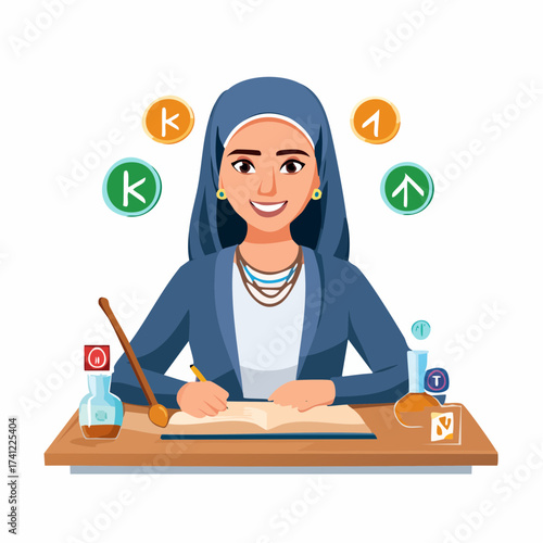 Muslim woman studying with financial symbols and time elements