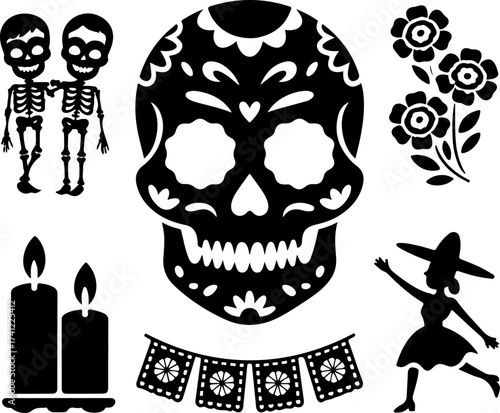 silhouette bundle of sugar skull, skeleton couple, marigold bunch, candle set, parade dancer, papel picado banner on white background