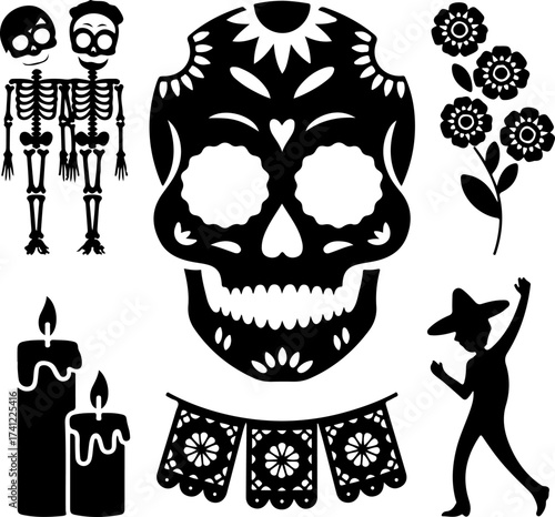 silhouette bundle of sugar skull, skeleton couple, marigold bunch, candle set, parade dancer, papel picado banner on white background