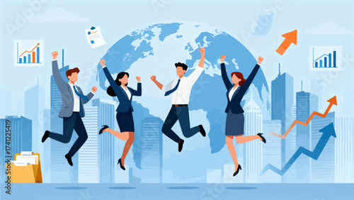 Business team celebrating success with global backdrop
