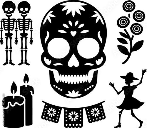 silhouette bundle of sugar skull, skeleton couple, marigold bunch, candle set, parade dancer, papel picado banner on white background