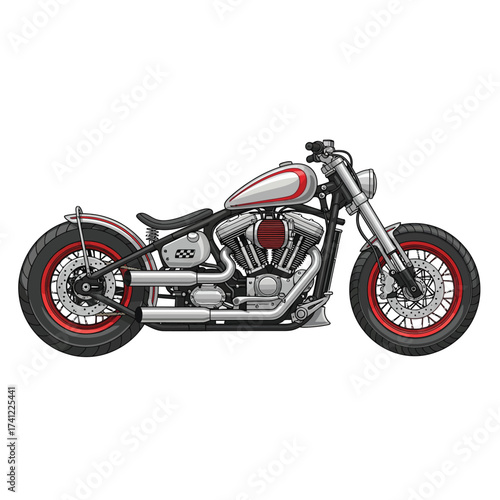 Side view of a custom motorcycle with red accents on the tires and tank against a white background