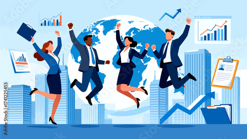 Business team celebrating success with global backdrop