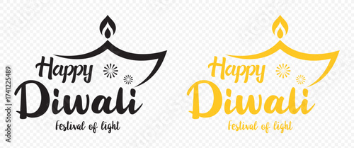 A "Happy Diwali" calligraphic greeting text, a vector illustration with decorative diyas and fireworks for the Indian festival of lights.