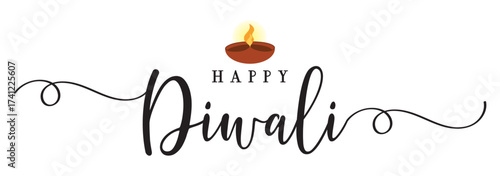 Happy diwali calligraphy with a lit diya and fireworks, isolated on white background, celebrating the festival of lights with joy and prosperity