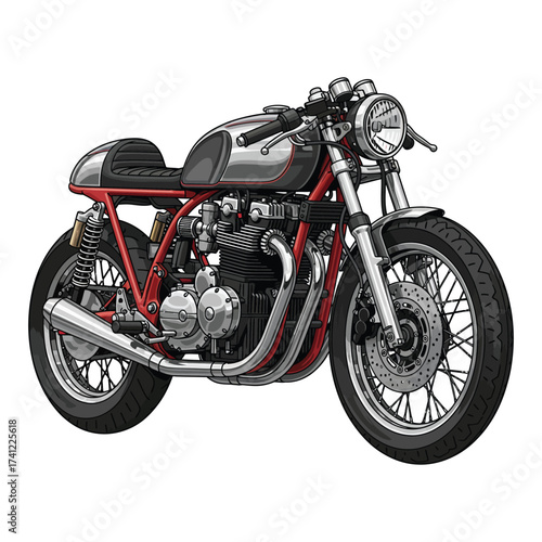 A detailed illustration of a sleek motorcycle with red frame and chrome accents on a white background.