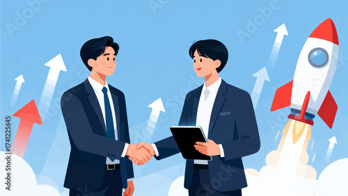 Two men in suits shaking hands with rocket