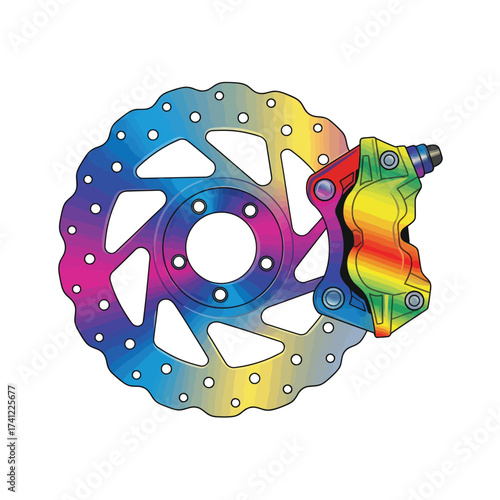Rainbow-colored bicycle disc brake rotor and caliper on a white background