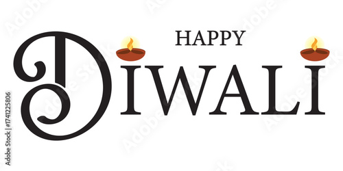 Happy diwali calligraphy with a lit diya and fireworks, isolated on white background, celebrating the festival of lights with joy and prosperity