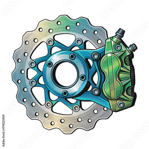 Detailed illustration of a blue and green bicycle disc brake rotor with a metal rim on a white background