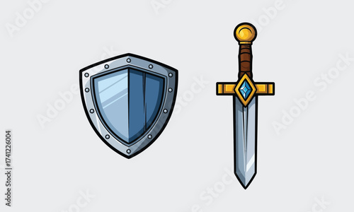 Medieval Sword and Shield Illustration – Stylized Fantasy Weapons Featuring Blue Kite Shield with Rivets and Silver Blade with Gemmed Crossguard for RPG or Heroic Branding