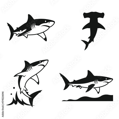 Four distinct shark silhouettes four aquatic predators in dynamic poses ready for ocean themed designs silhouette