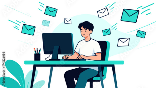 Person working at computer with email icons