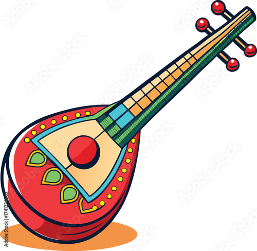 Red and yellow stringed musical instrument with blue and green accents