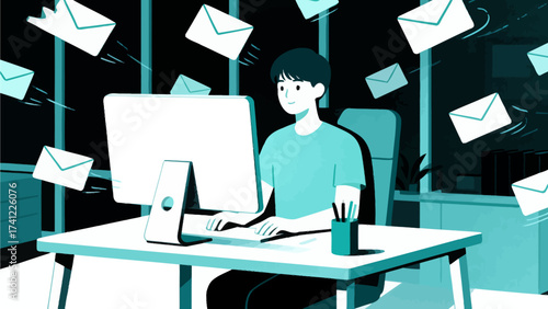 Person working at computer with flying envelopes