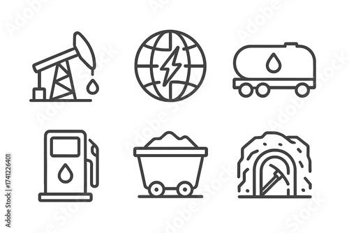 Energy and power industry icon set. Vector outline collection of fossil fuel, oil, gas, and coal mining symbols. Includes pumpjack, fuel truck, gas station, and globe.
