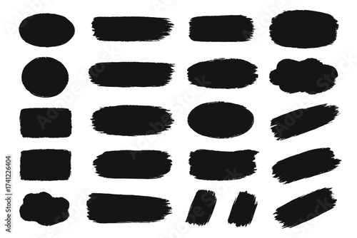 Set of black brush strokes, grunge paint banners. Collection of ink stains, splatters and blots. Abstract dirty artistic design elements, boxes, frames for text. Messy texture.