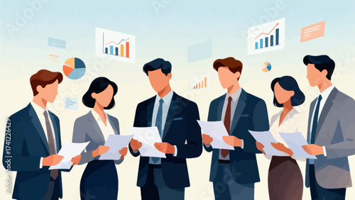 Business team reviewing documents with charts