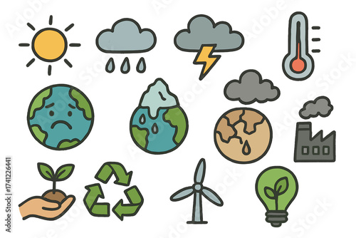 Climate change icon set. Hand drawn vector doodle of weather, environment, and sustainability. Global warming, pollution, green energy, and recycling concept illustration.