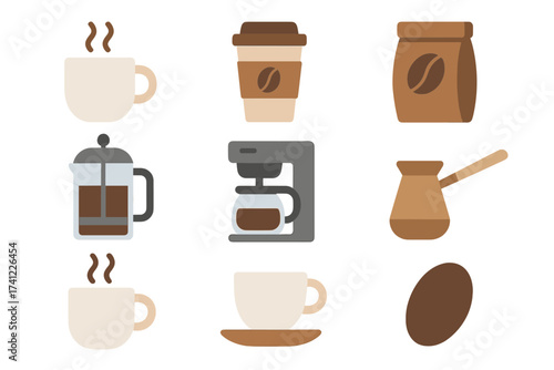 Coffee icon set vector illustration. Flat design collection for cafe menu. Hot drink, mug, takeaway cup, bean, french press, coffee maker, cezve. Morning beverage concept.