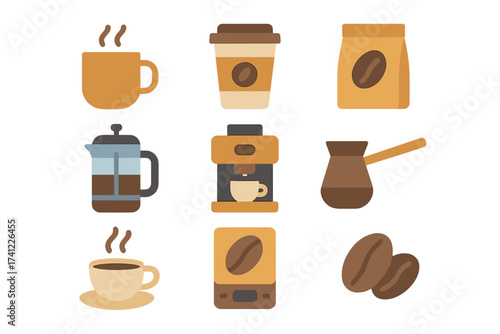 Coffee icons set. Flat vector illustration pack for cafe menu, coffee shop design. Collection includes espresso machine, mug, takeaway cup, french press, beans, cezve.