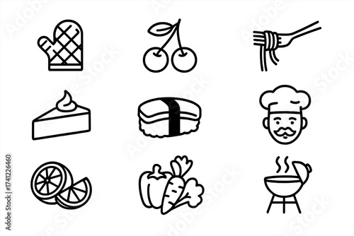 Food and cooking line icon set. Minimalist vector graphic collection for restaurant menu, culinary blog, or posters. Includes pasta, sushi, cake, fruit, vegetables, chef, and grill icons.