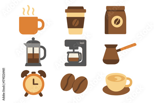 Coffee icons set in flat design style. Vector collection for cafe menu and coffee shop. Barista tools, espresso, latte symbols. Hot drink mug, takeaway cup, beans, grinder, pot.