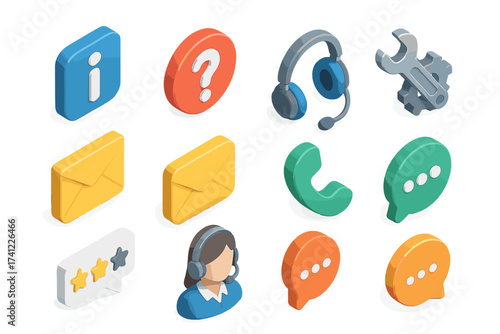 Customer service 3d isometric icon set. Isometry pack with call center agent, headset, tech support, email, feedback, chat, and help desk elements. Vector for web design.