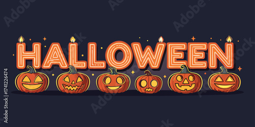 Vintage Halloween Marquee Sign with Light Bulb Lettering and a Row of Carved Jack-o'-Lantern Pumpkins