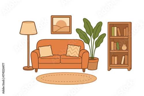 Cozy living room interior scene. Vector cartoon furniture set. Home decor elements with sofa, lamp, plant, bookshelf. Isolated flat design illustration collection.
