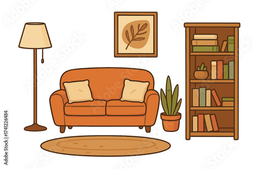 Vector illustration furniture set for a cozy living room interior. Home decor collection with sofa, bookshelf, plant, lamp, rug. Hygge lifestyle concept. Cartoon style.