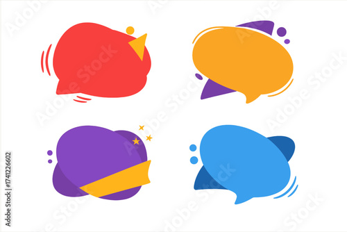 Colorful abstract speech bubble banner set for promotion and sales. Modern flat vector graphic design elements. Special offer label, discount tag, chat box sticker collection.