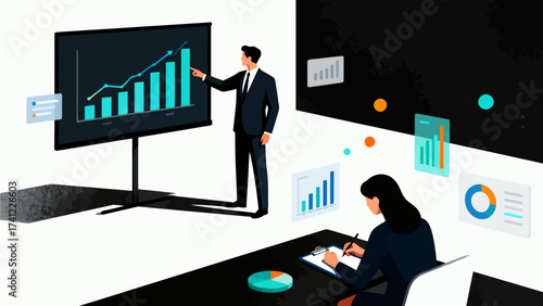 Business presentation with data charts