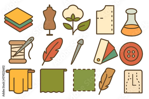 Sewing and textile icon set in flat color design. Vector pack for tailoring, dressmaking, fashion. Symbols of fabric, mannequin, cotton, pattern, thread, needle, feather, color palette.