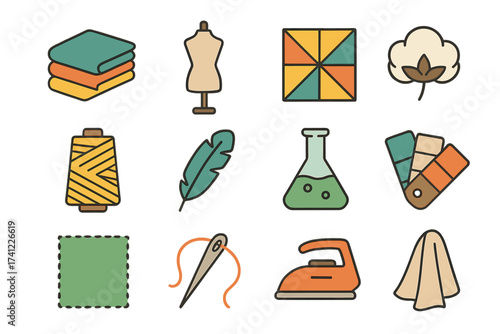 Fabric icons set in color flat design. Pack of textile, sewing, tailor and craft elements. Mannequin, cotton plant, pattern, thread, needle, iron, dye, color palette.